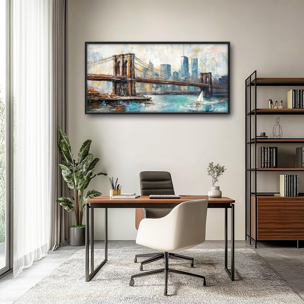 Large Framed Brooklyn Bridge Wall, New York Decor Canvas 60" L x 30" W