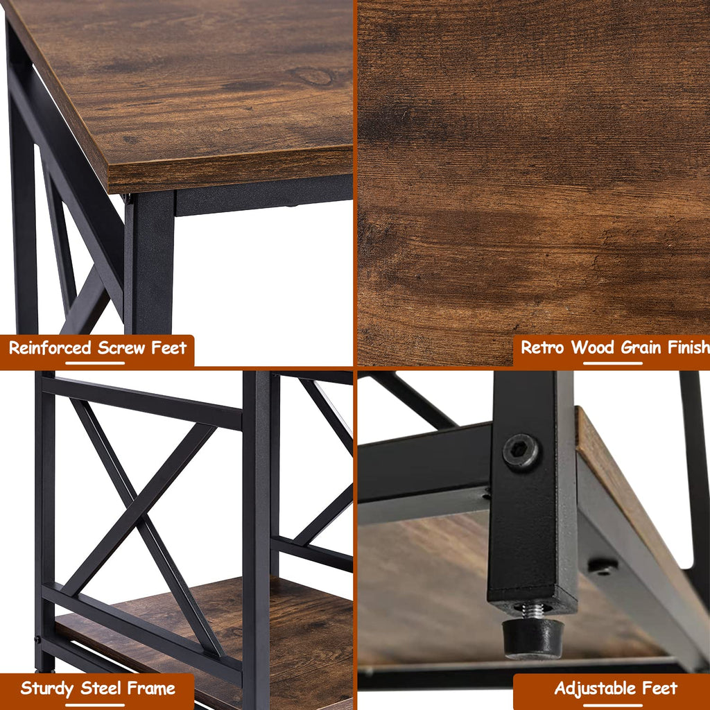 Industrial End Table, 18" Square Side Table with 2-Tier Storage Shelf, X-Design Metal Frame, Rustic Brown Nightstand