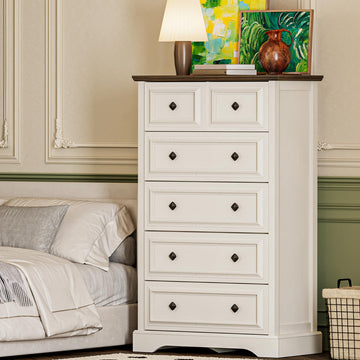 Farmhouse 6 Drawer, 48" Tall White with Natural Texture & Metal Handles, Storage Drawer Chest, Vintage Design
