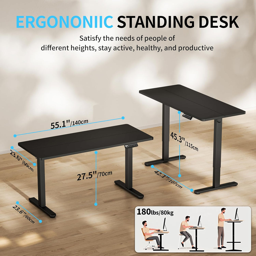 Electric Standing Desk, 55" x 24" Height Adjustable Desk, Black Sit to Stand Desk Memory Gaming Computer Workstation
