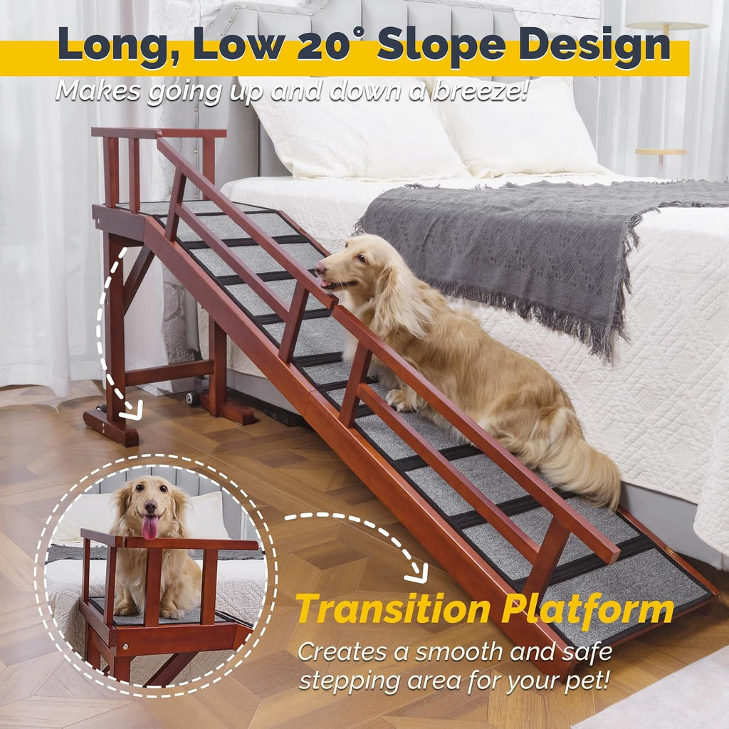 Dog Ramp for Bed or Couch, Wooden Pet Ramp with 20° Gentle Slope, Removable Side Rails, Non-Slip Surface, Top