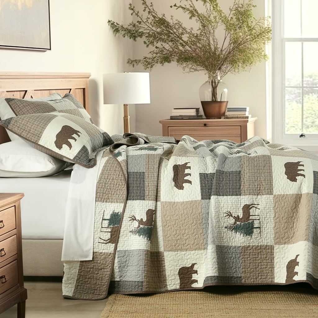 Quilts, 100% Cotton Quilt Set, Lodge Cabin Farmhouse Quilt, Brown Gray Beige Plaid Animal