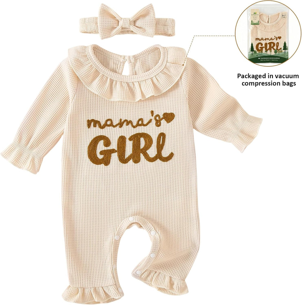 2 Piece Long Sleeve Ruffle Jumpsuit,Baby Girl Waffle Romper with Headband