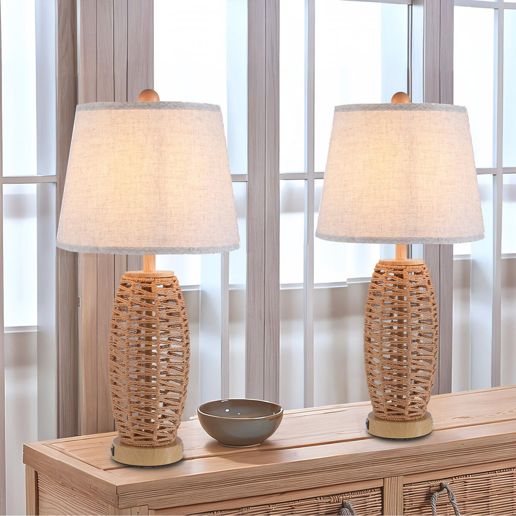 27" Rattan Table Lamps Set of 2, Touch Switch Nightstand Bedside Lamps with 2 USB Ports, Oatmeal Lampshade Wicker