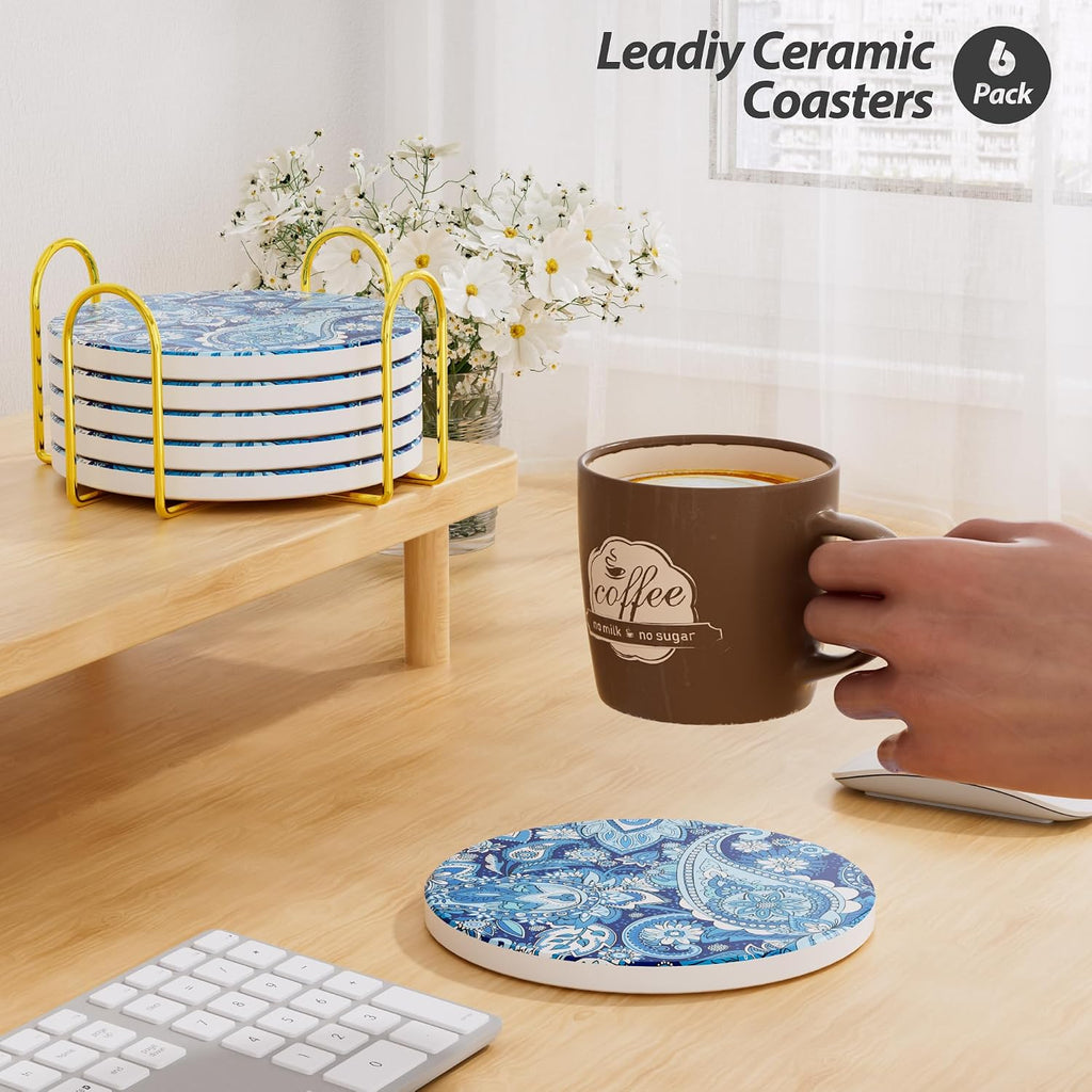 /Set Marble Abstract Ceramic Coasters with Holder, Absorbent Drink Coasters, Coffee Cup Coaster,Round Ceramic - Set of 6