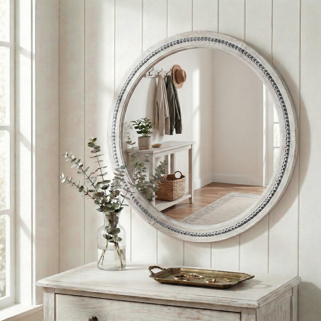 Solid Wood 30 Inch Round Beaded Bathroom Mirror, Distressed White
