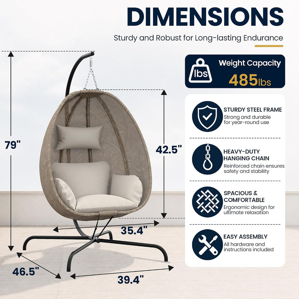 Outdoor Hanging Textilene Egg Chair with Stand,Foldable Patio Wicker Hammock Chair with UV Resistant