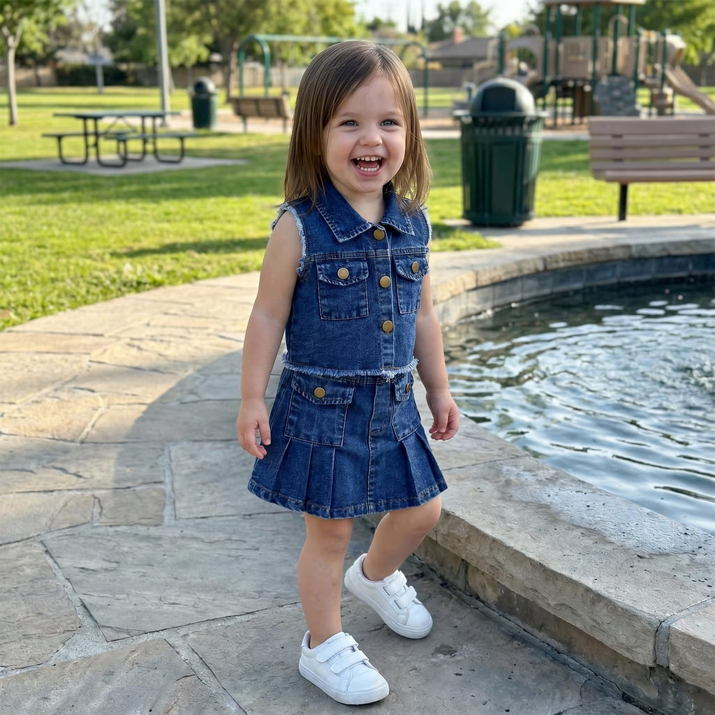 Little Girls Summer Jeans Outfits Denim Sleeveless Button Down Vest Tops Pleated Skirt Kid Toddler Waistcoat Clothes