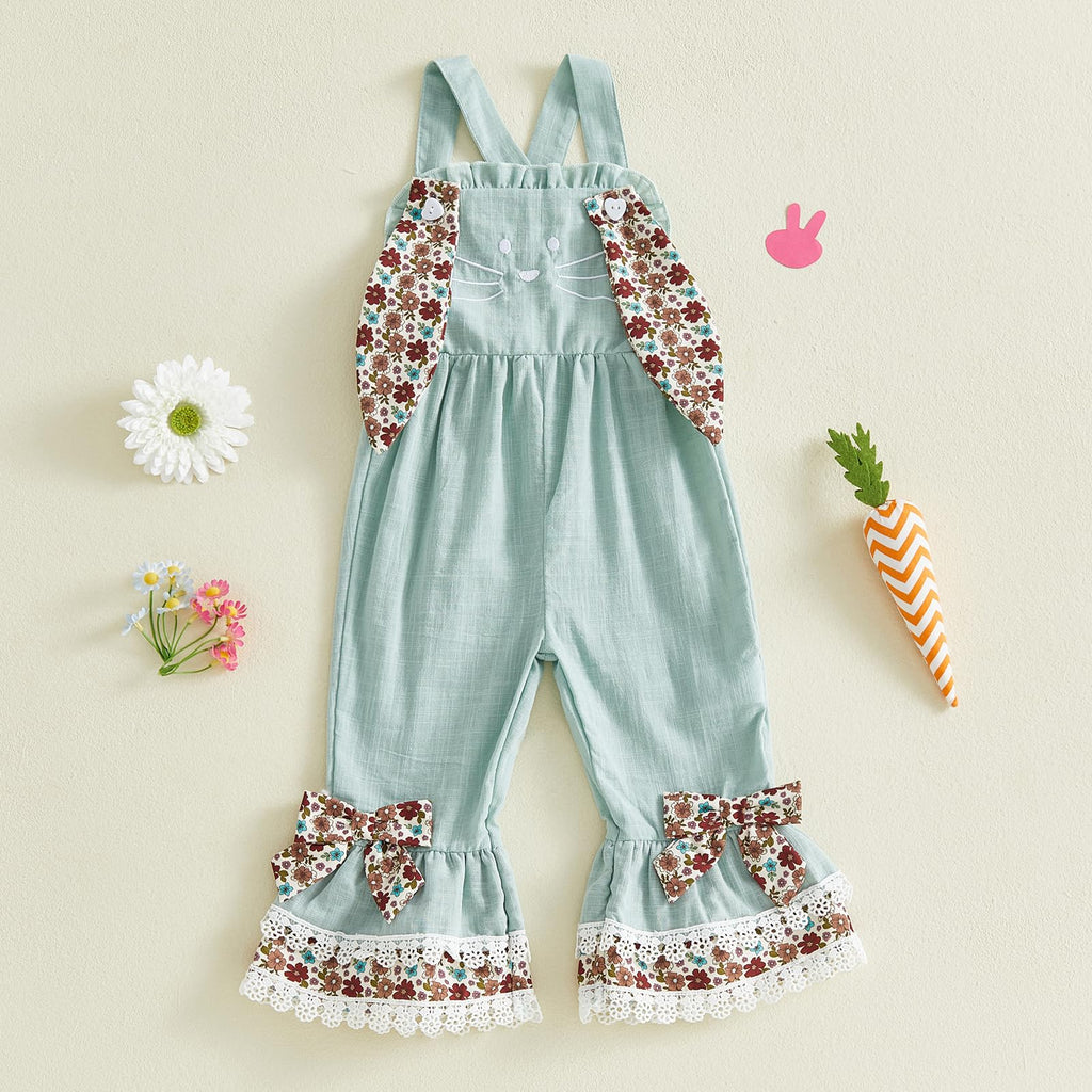 Toddler Baby Girl Easter Outfit Bunny Overalls Ruffle Bell-Bottom Plaid One Piece Romper Jumpsuit Cute Clothes