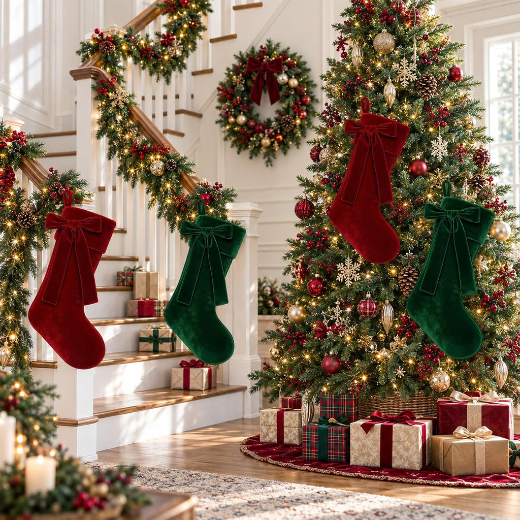 4 Pack 18 in Christmas Velvet Hanging Stocking Xmas Home Decoration