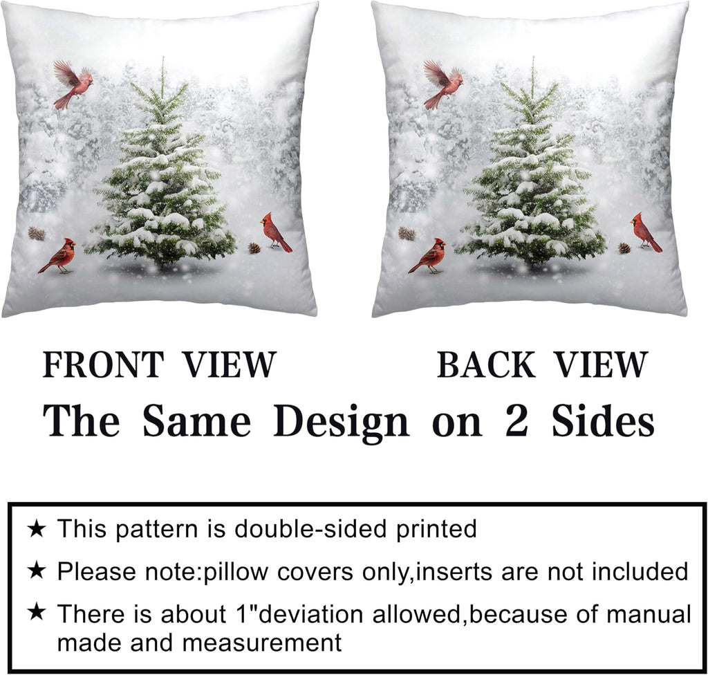Winter Throw Pillow Covers 18X18 Snowy Natural Forest Decorative Pillow Case Green Pine Tree with Cardinal - Set of 2