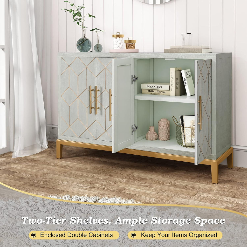 48" Accent Cabinet with 4 Doors and Shelves, Modern Credenza Storage Cabinet with Gold Trim, Green Buffet Cabinet