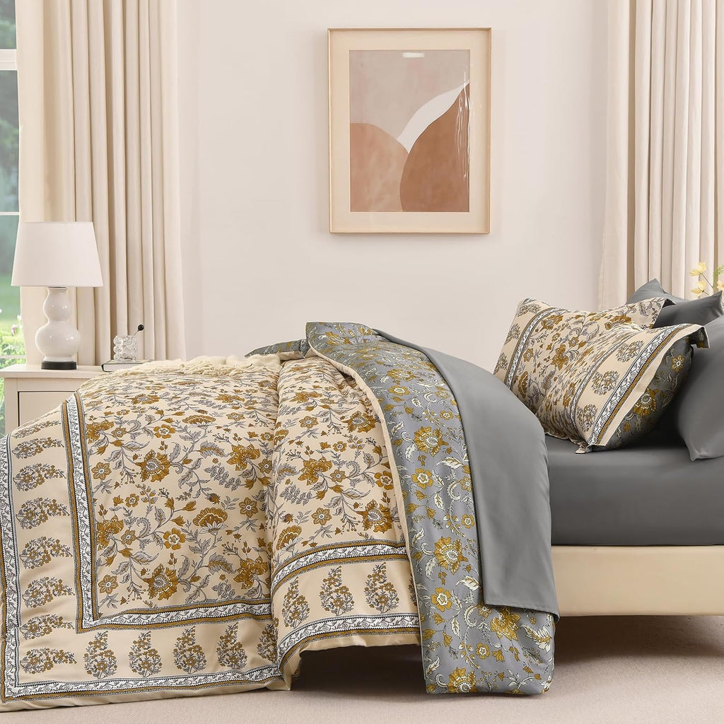 Dinjoy Boho Comforter Set Queen,Beige Brown Bedding Paisley Floral 7 Piece Bed in a Bag Reversible Lightweight