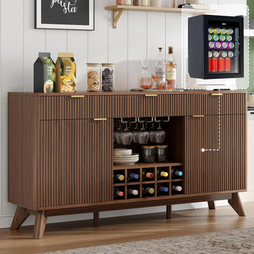 60" Wine Bar Cabinet, Coffee Bar Cabinet with Fridge, Sideboard Cabinet | Waveform Fluted Door, Adjustable Shelves, 3