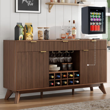 60" Wine Bar Cabinet, Coffee Bar Cabinet with Fridge Included, Walnut