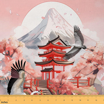 Cherry Blossoms Fabric by The Yard, Cranes Decorative Fabric, Mount Fuji DIY Fabrics, Bird Indoor Outdoor Fabrics, Retro