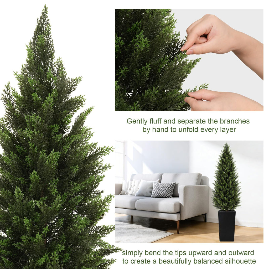 5FT Artificial Cedar Topiary Trees 2 Pack, Faux Cypress Plants with Black Square Planters, UV Resistant Outdoor