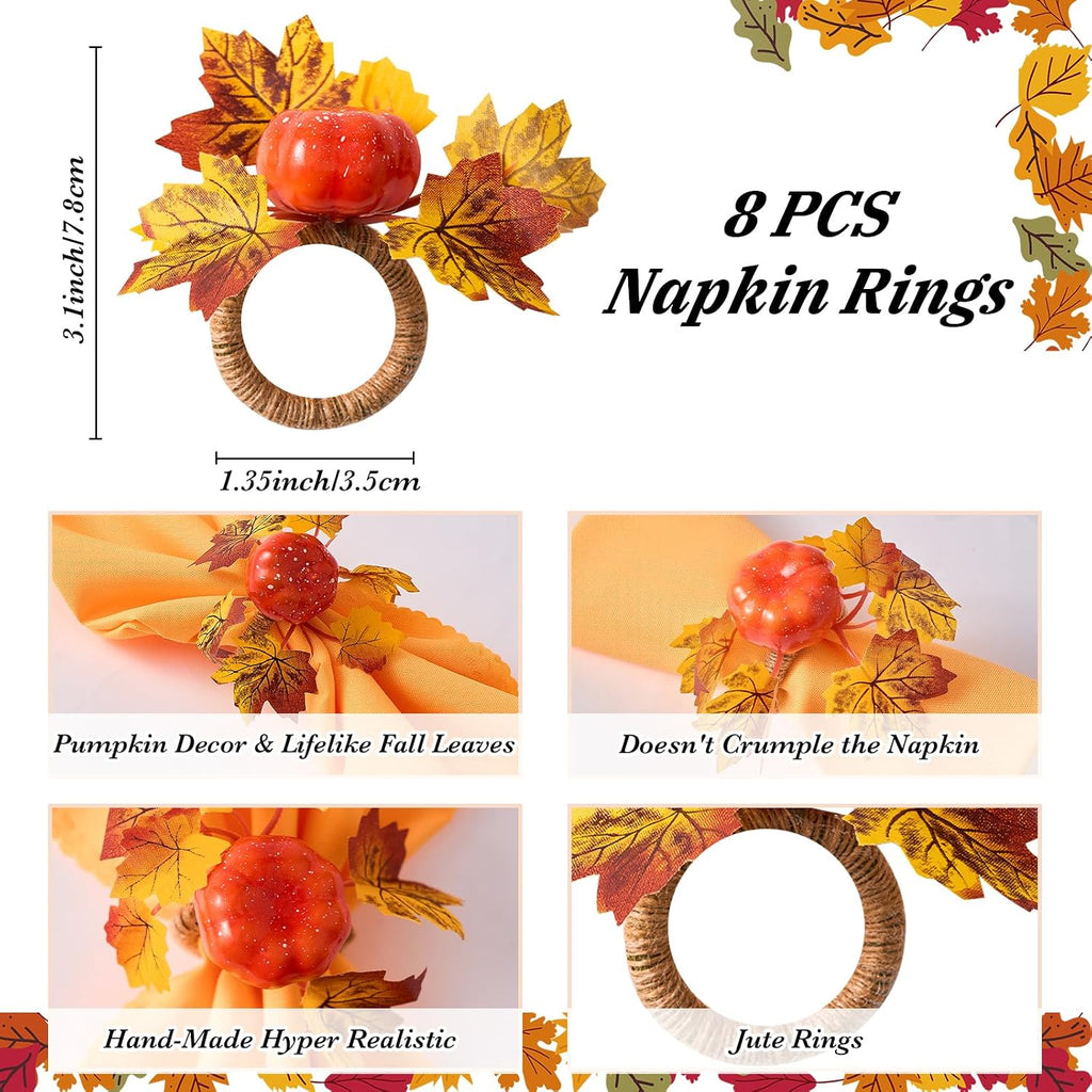 Fall Thanksgiving Decorations, Fall Cloth Napkins & Napkin Rings - Set of 16