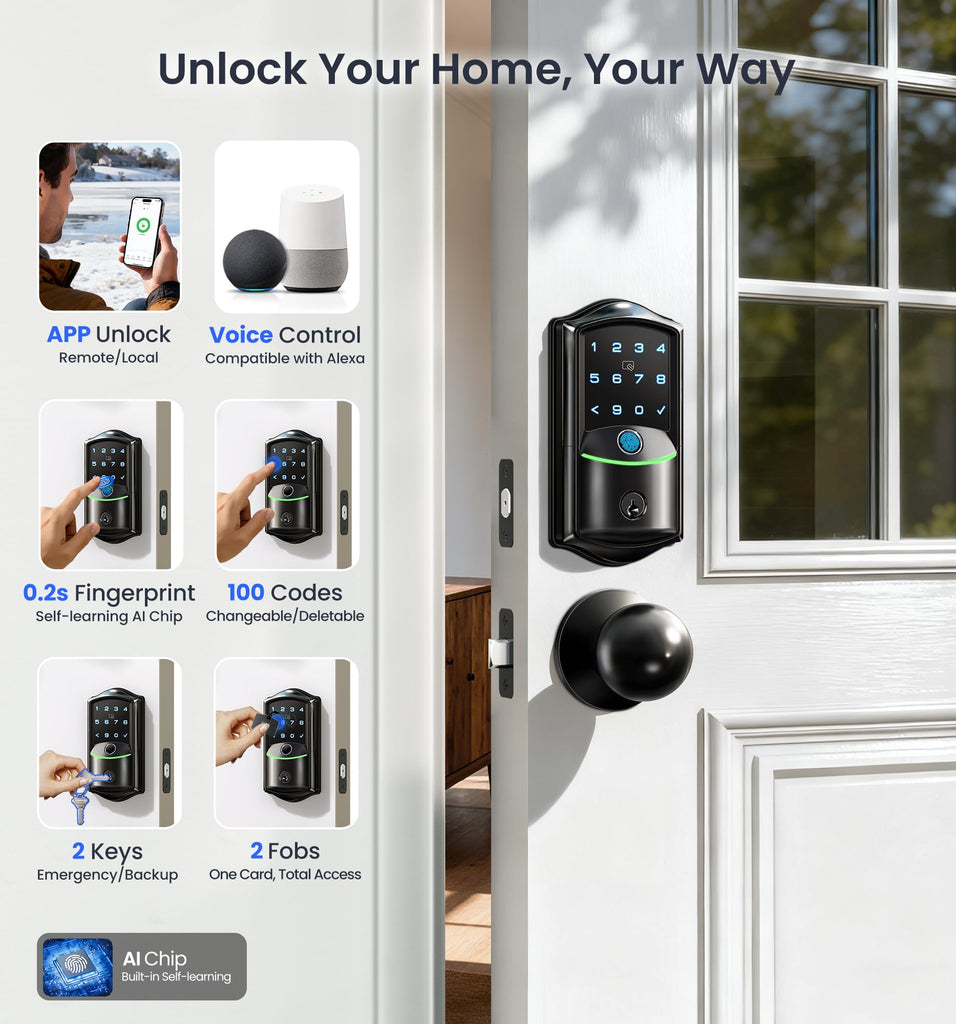 VE027-K WiFi Smart Deadbolt Locks with 2 Knobs Set, Matte Black