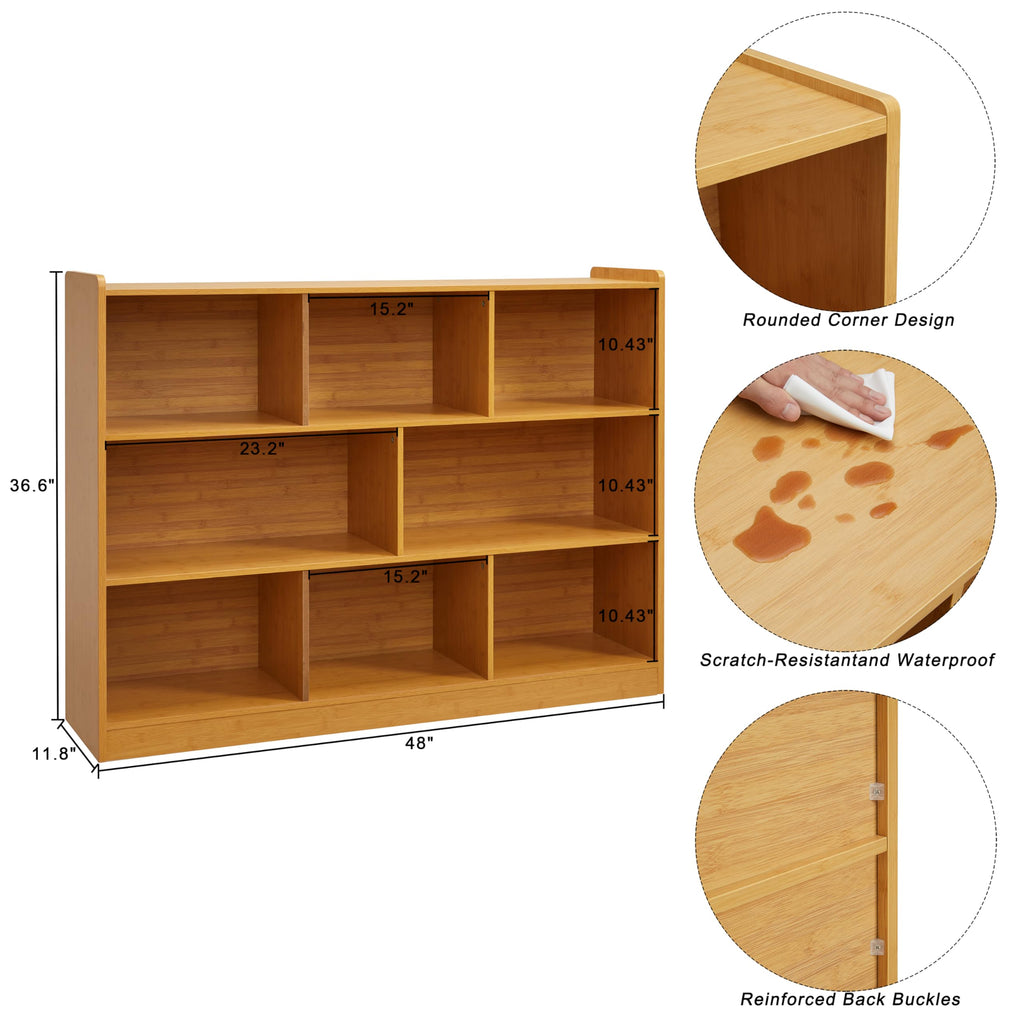 3-Tier Bookshelf, 8-Section Wooden Bookcase, Storage Organizer with Anti-Tilt Device, Modern Storage Display Cabinet