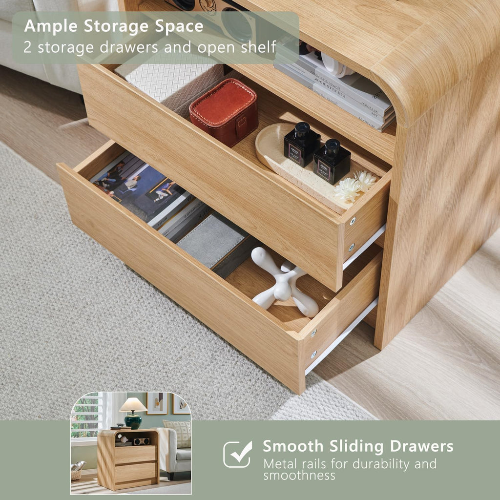 25" Tall Modern Nightstand with Charging Station, 23.6'' Wide Wood Bedside Table w/2 Storage Drawers, Large Mid