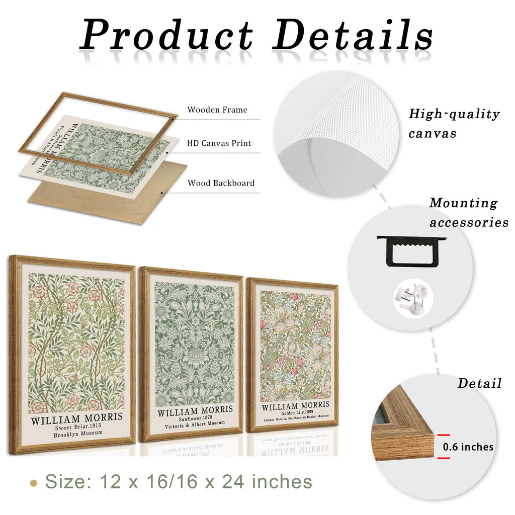 Framed William Morris Flower Pattern Canvas Wall Art 16x24 in x3