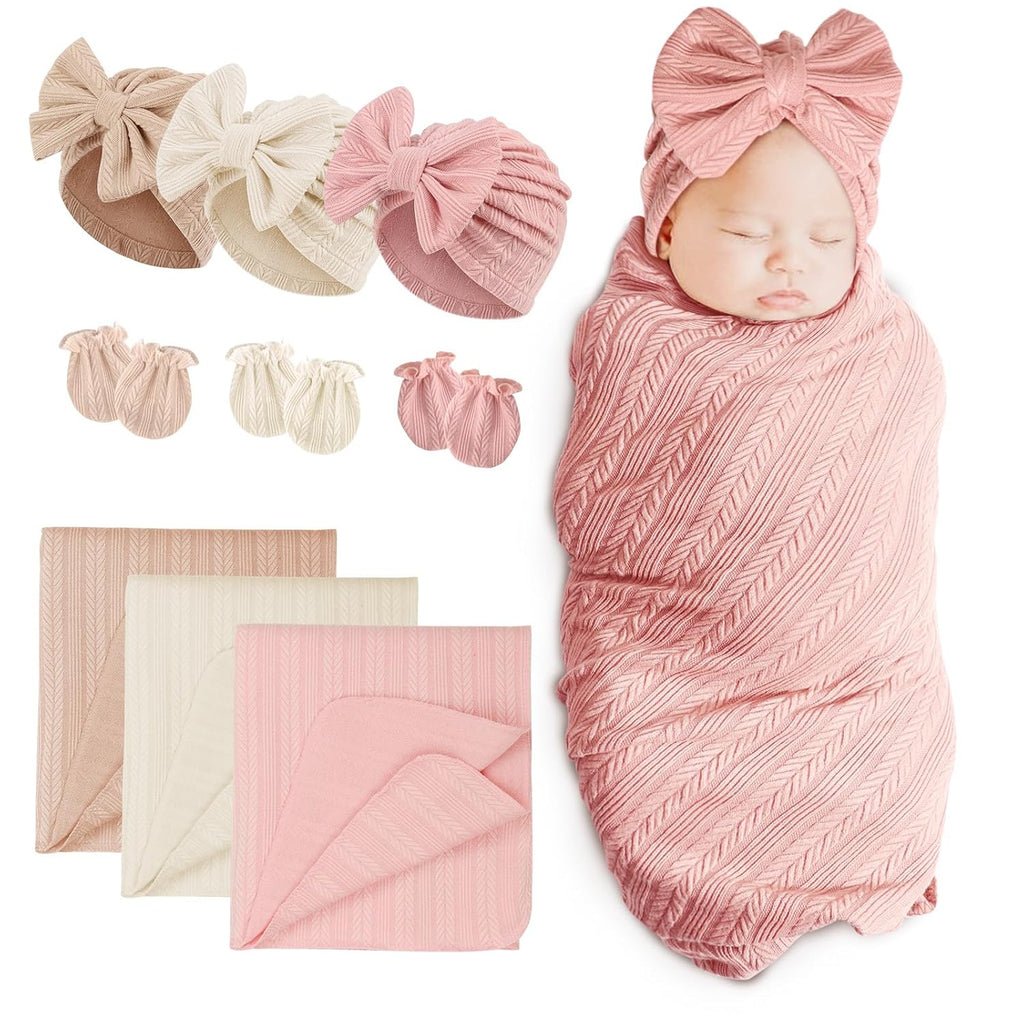 Newborn Receiving Blanket Hat Mittens Set for Baby, Unisex Baby Boys Girls Essentials, Newborn Registry Must Haves