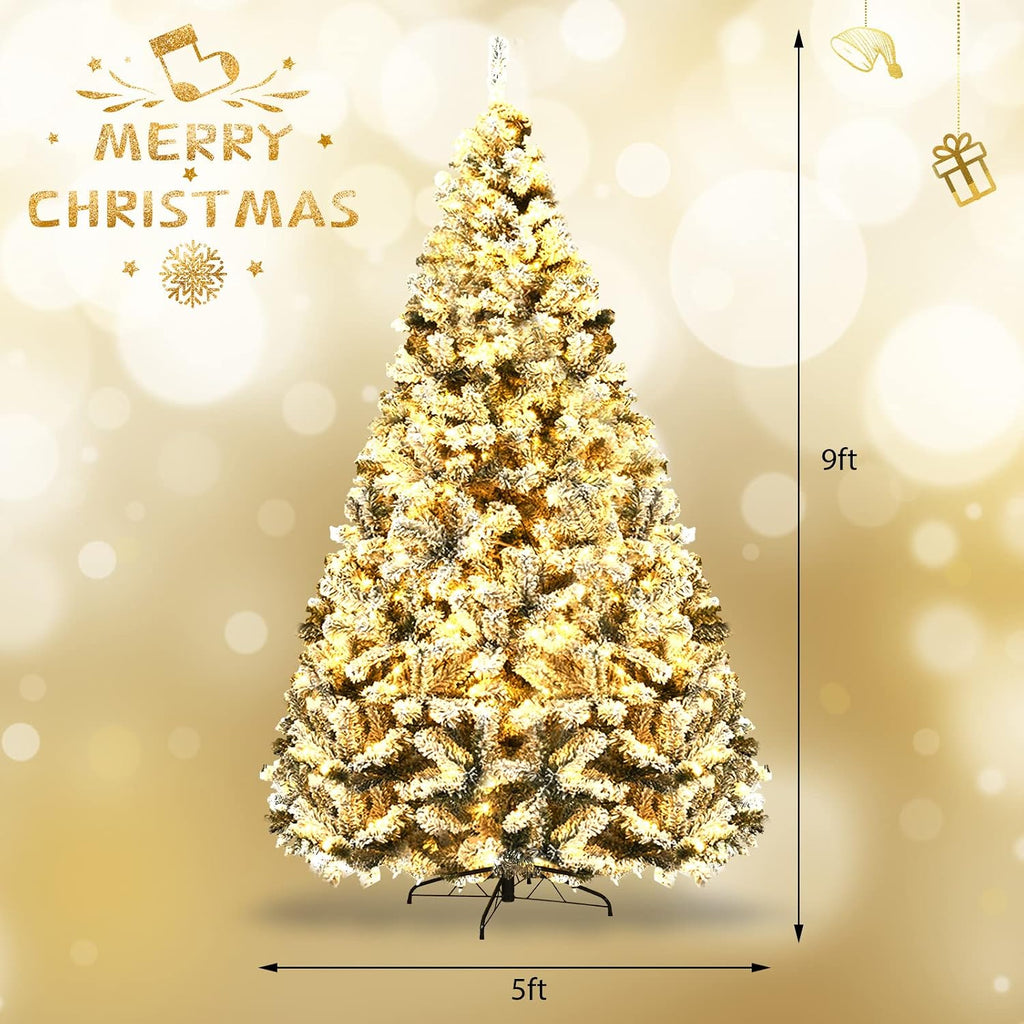 Pre-lit Snow Flocked Artificial Christmas Tree w/ 1498 PVC Branch Tips, Pre-Strung 550 Warm White Led Lights