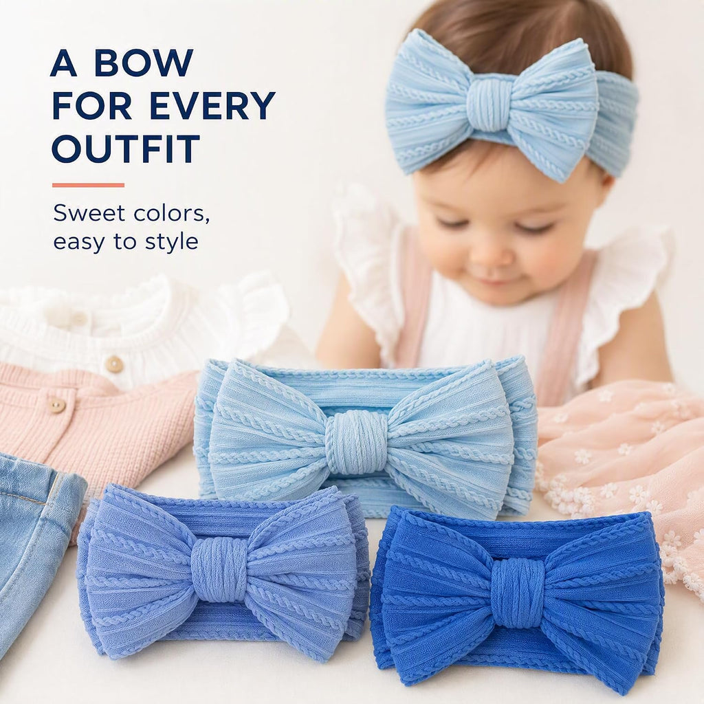 Handmade Baby Girl Headbands with Bows, Soft Stretchy Nylon Baby Headbands, Baby Bows for Girls, Blue Headband