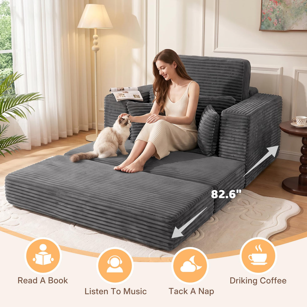 60'' Oversized Chaise Lounge Chair Indoor with Ottoman, Convertible Boneless Sofa Bed & Corduroy Reading Chair, No
