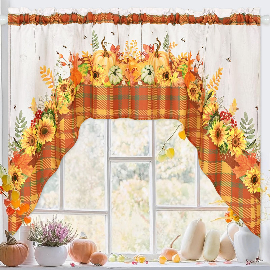 Fall Thanksgiving Swag Curtain - Pumpkin Sunflower, Buffalo Plaid Kitchen Curtain - 61" W x 36" L, 1 Panel Rod Pocket