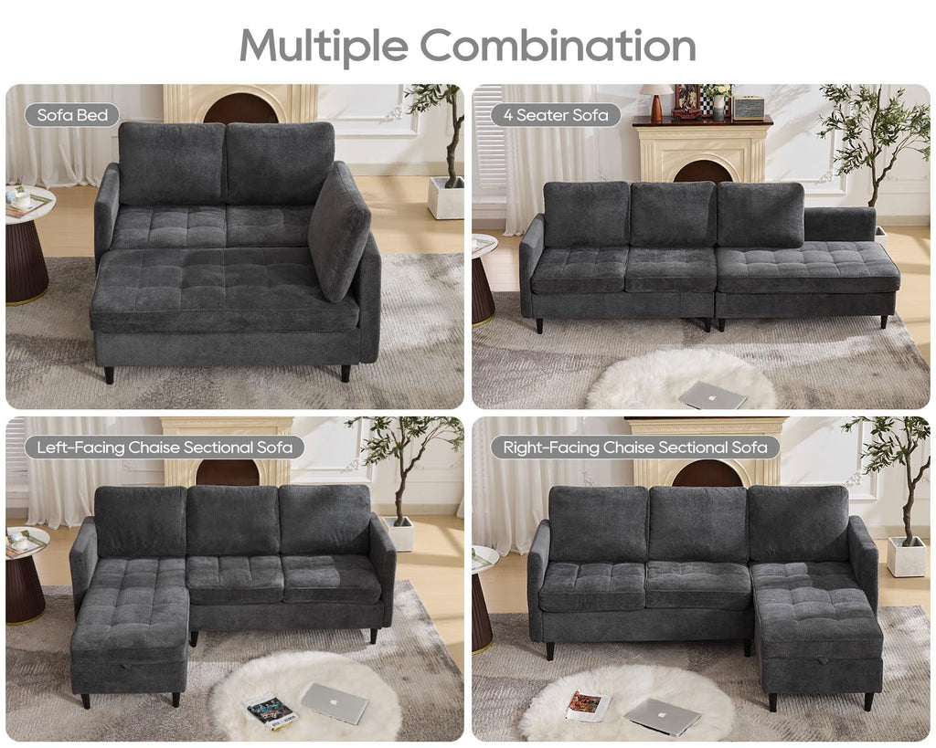 77.6" L-Shaped Sectional Couch with Storage Chaise, Convertible Sleeper Sofa Bed Modular Space-Saving with Type-C USB
