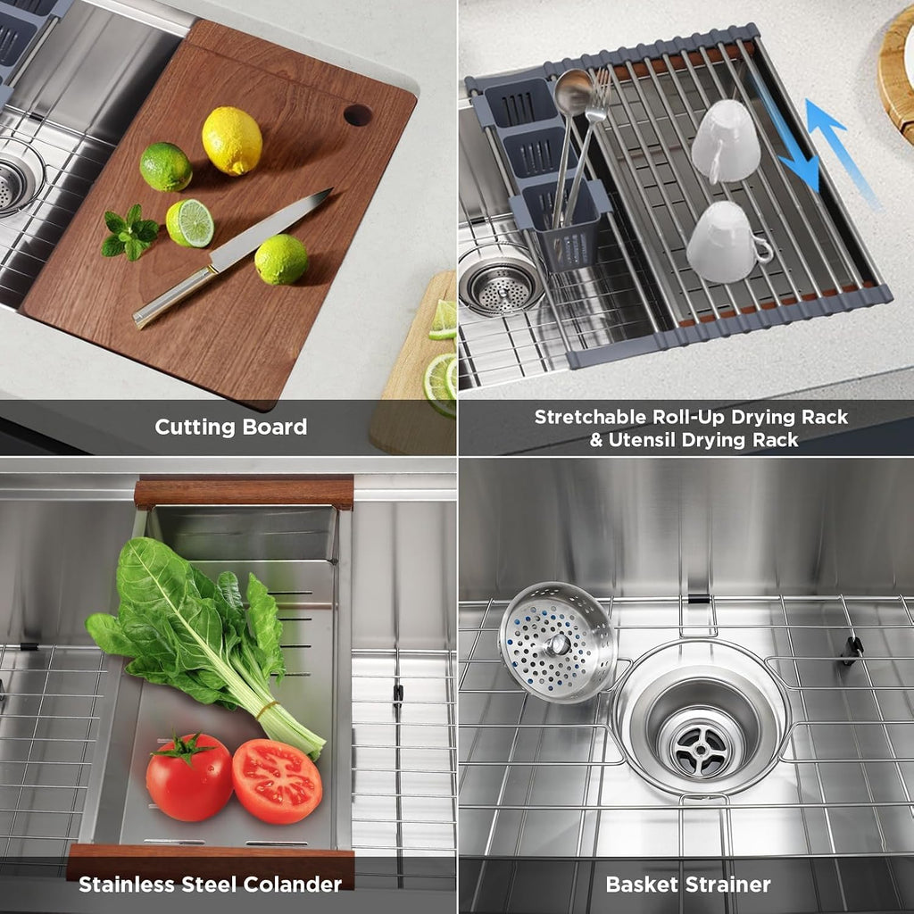 32" x 19" Multifunctional Undermount Workstation Kitchen Sink S304 Stainless Steel Handmade Modern Single Bowl