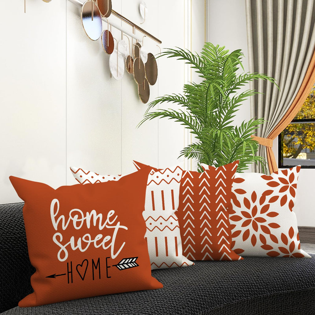 Burnt Orange Linen Pillow Covers 20x20 Set of 4, Home Sweet Home Farmhouse Throw Pillow Covers, Holiday Decorative