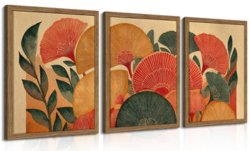 Framed Colorful Botanical Wall Art Set of 3, Vintage Ginkgo Leaves Canvas Wall Decor Paintings, Mid Century Abstract