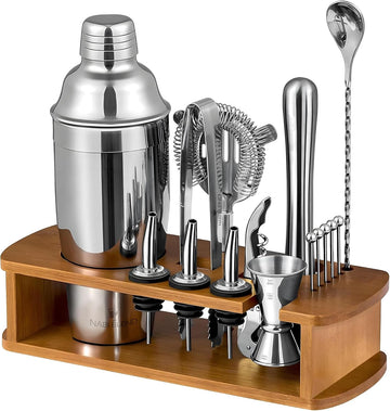 Bartender Kit with Bamboo Stand | Cocktail Shaker Set Essential Bar Tools Wine Shaker Ice Filter Mixing - Set of 16