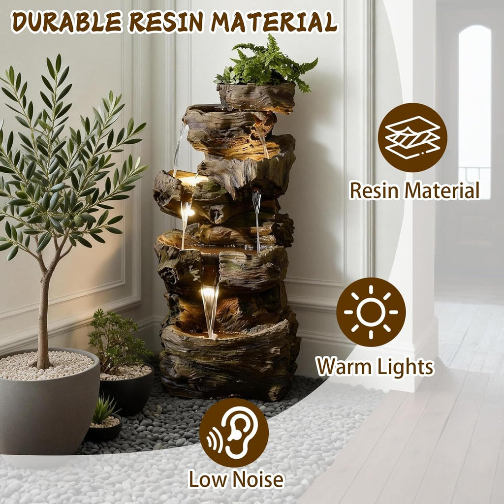 40" H Outdoor Water Fountain with 5 Tiers Large Cascading Realistic Tree Trunk Waterfall Fountains with LED Lights