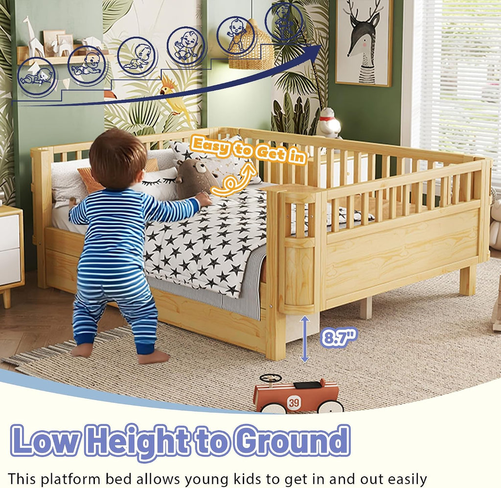 Bed Frame for Kids with Rails, Montessori Bed with Storage Drawers, Low Profile Platform Beds with Pine