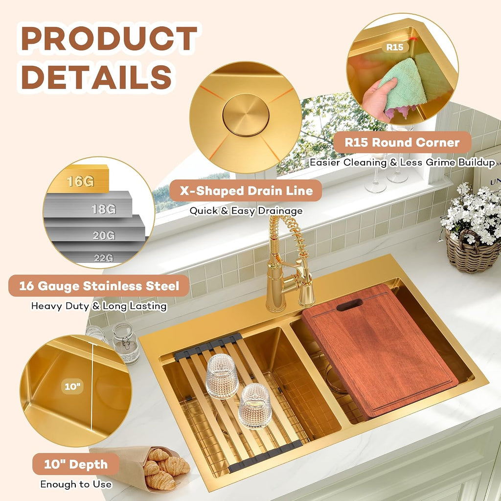 33x22 Drop Sink Double Bowl, Gold Kitchen Sink 33x22 with Smart Workstation & Built-In Accessories, Top Mount 16