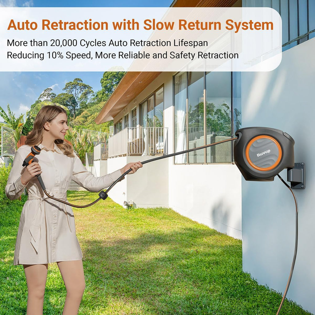 Garden Hose Reel 1/2"x150ft Retractable Water Hose With Metal Bracket | Automatic Rewind, Slow Auto Retraction, Wall