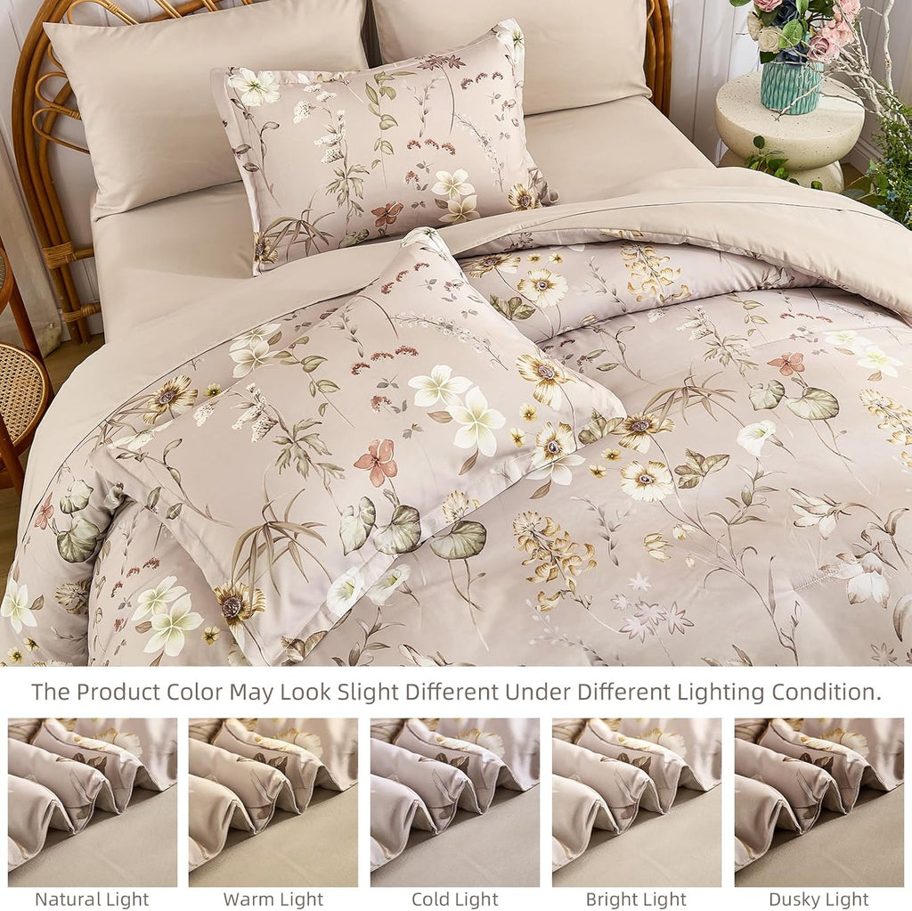 DJY Queen Comforter Set,Taupe Botanical Floral Bedding Comforter Sets Queen for All Seasons,7 Pieces Queen Bed in a