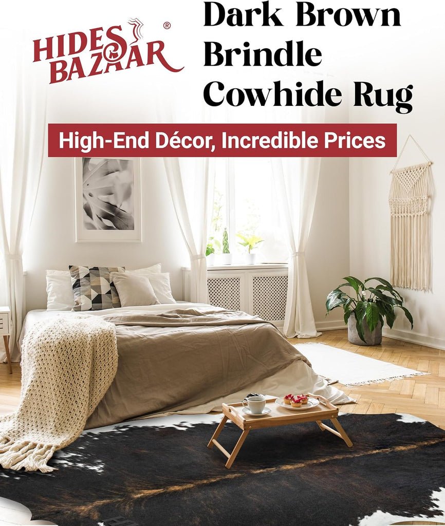 Dark Brown Brindle Cowhide Rug 6x8 ft, Real Hair on Hide Rug | Dark chocolate brown brindle stripes. Genuine hair on