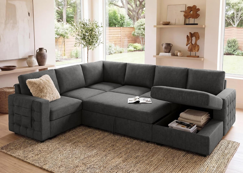 Sectional Couch with Pull Out Bed, U-Shaped Sectional Sleeper Sofa with Storage, 6 Seater Sectional Sofa Bed, Mid-Grey