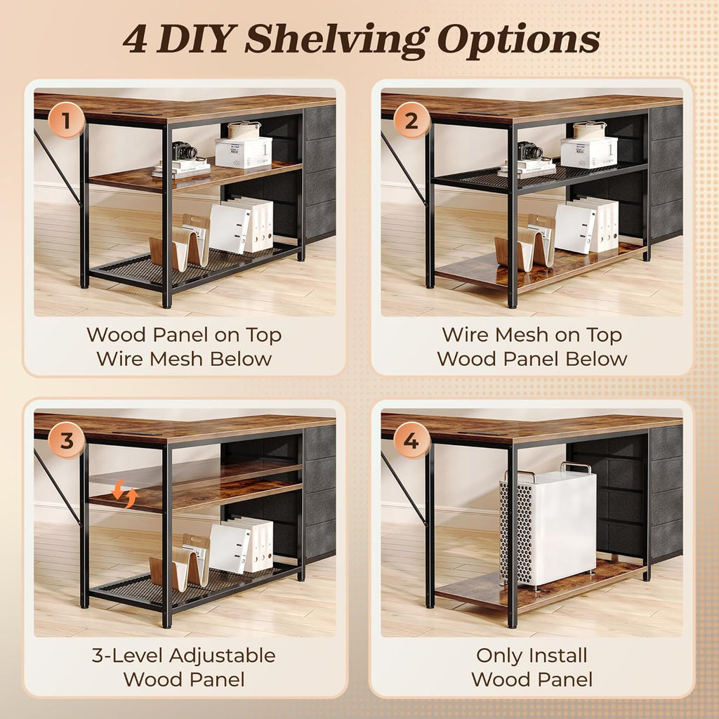 61" L Shaped Desk with Power Outlets & 4 Drawers | Reversible Computer Desk with 2 Storage Shelves, Large Corner