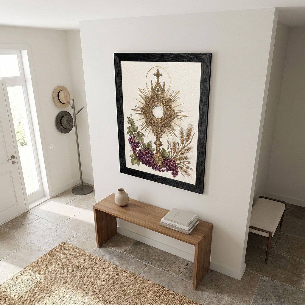 Framed Religious Wall Art - Sacred Monstrance and Eucharist with Grapes and Wheat - Devotional Catholic Decor in