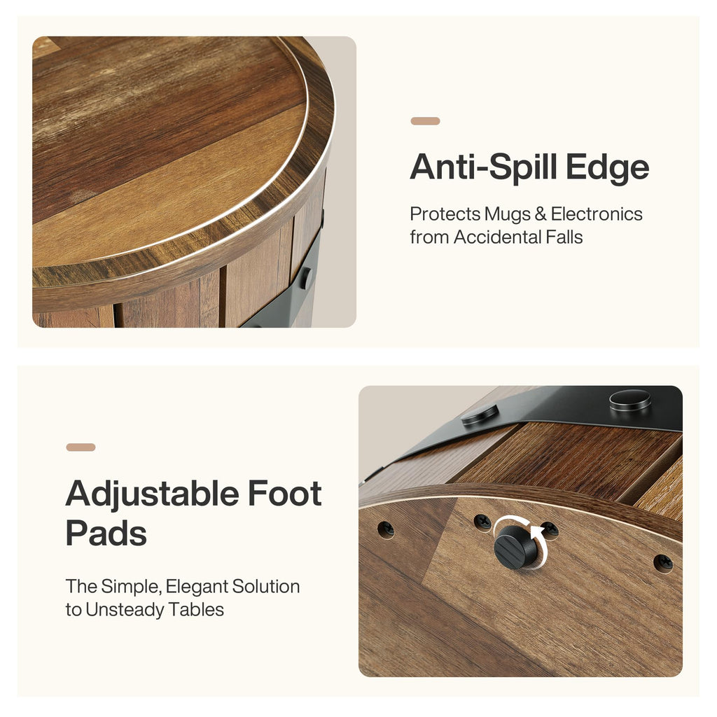 Barrel Side Table with Hidden Storage, 19.68" Farmhouse Round Rustic Wood End Table with Removable Lid, 24" Tall Sofa