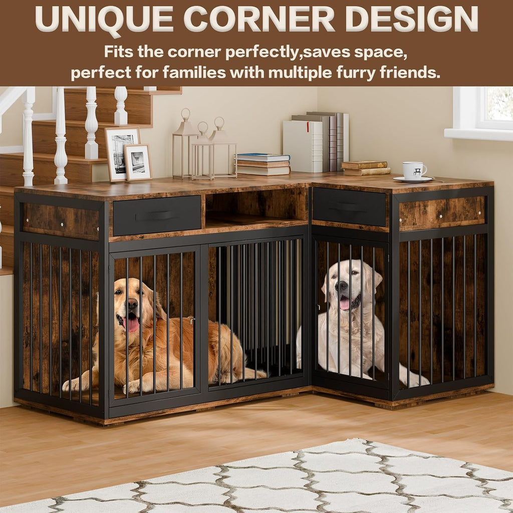 Corner Dog Crate Furniture, 67" Metal Frame L Shaped Double Dog Crate Kennel with Divider and 2 Fabric Drawers TV