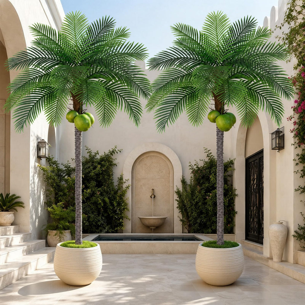8ft Tall Artificial Phoenix Palm Tree with 3 Coconut Fruits, Large Fake Tropical Silk Tree Outside, Fake Tree Perfect