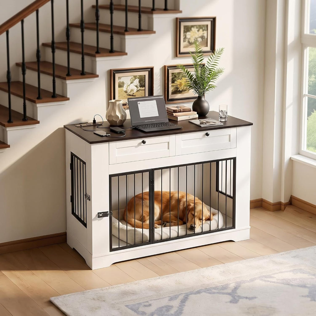 Dog Crate Furniture with Storage Drawers & Power Outlet