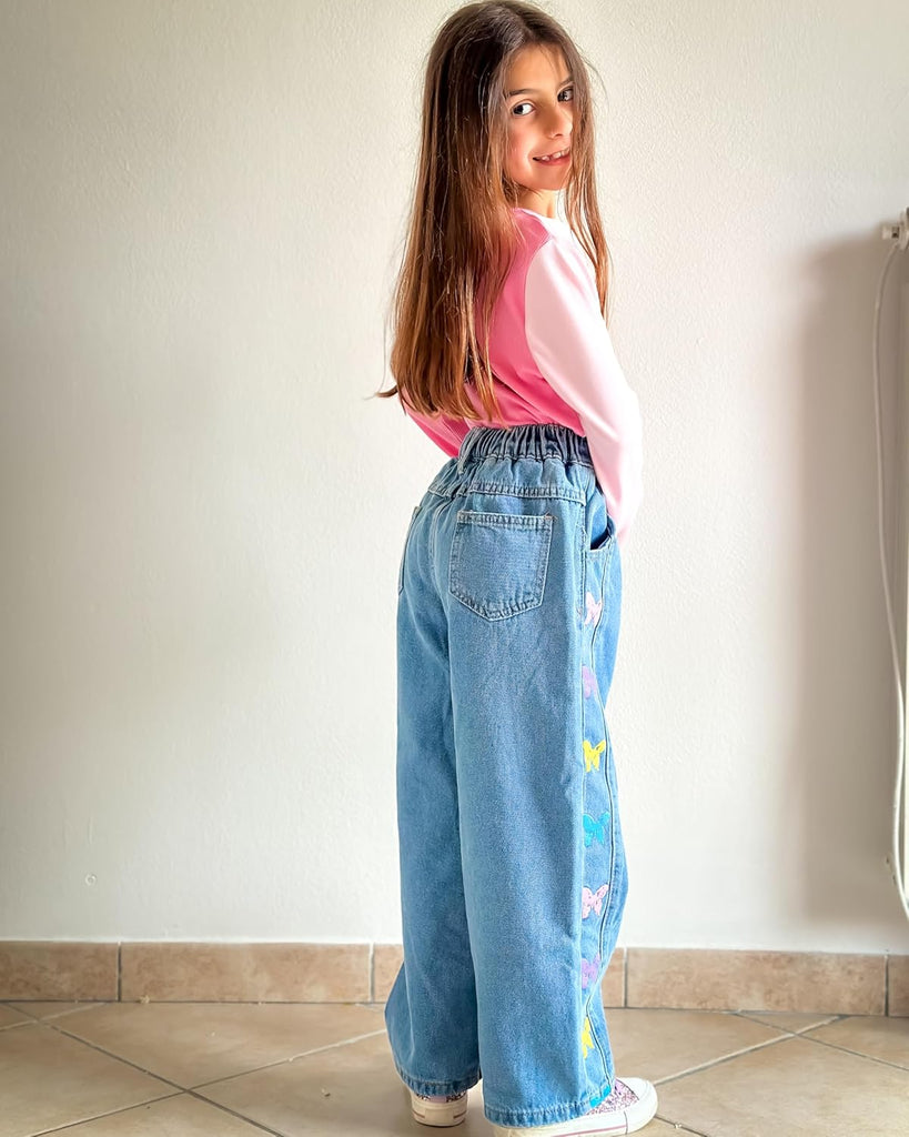 Girls Jeans Denim Elastic Wasit Wide Leg Baggy Pants Kids Clothes